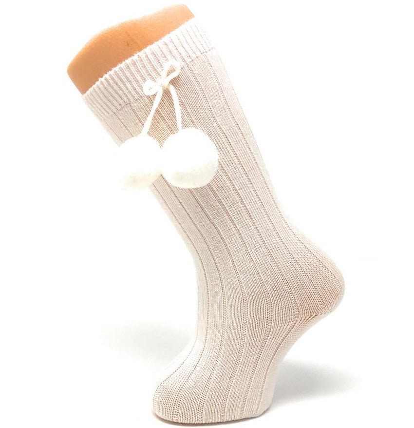 Carlomagno 2341 Ribbed Pompom Knee High Sock