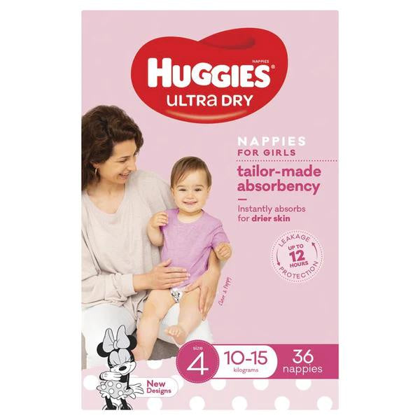 Huggies Ultra Dry Girls Nappies Toddler Size 4 10-15kg 36pk