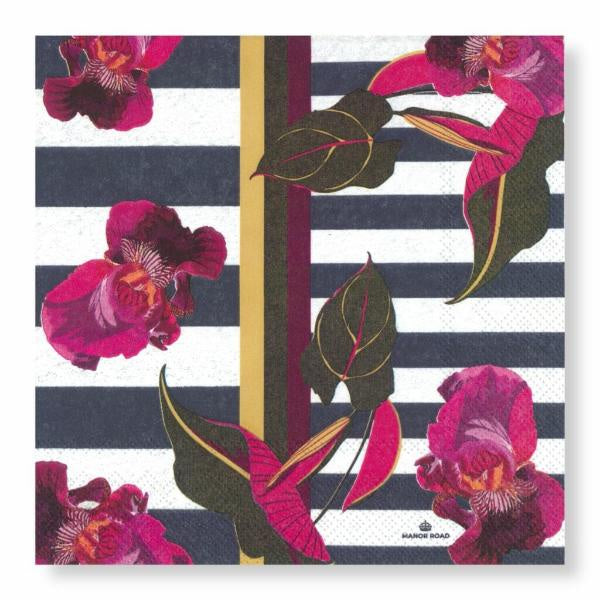 Orchids On Stripes Napkins - Cocktail