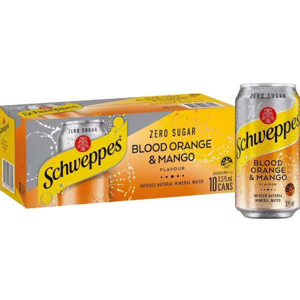 Schweppes Blood Orange & Mango Infused Mineral Water Zero Sugar 10 x 375ml Cans