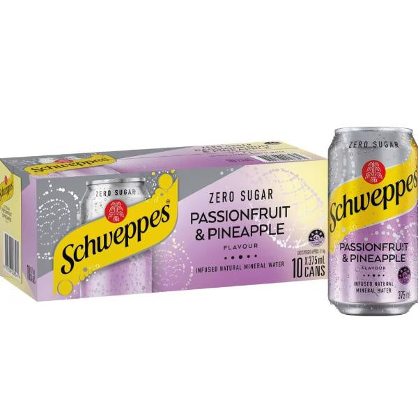 Schweppes Passionfruit & Pineapple Mineral Water Zero Sugar 10 x 375ml Cans