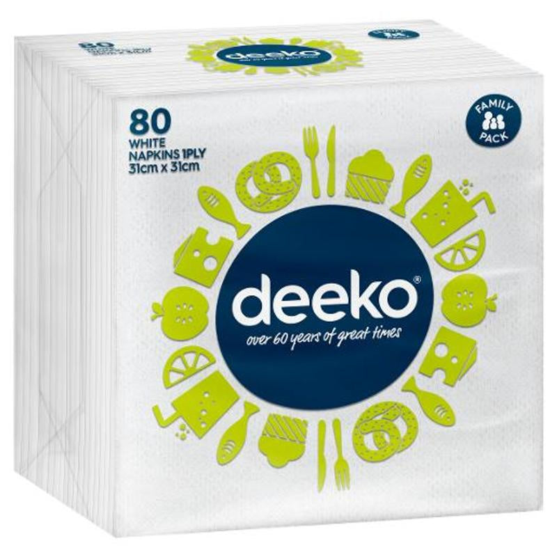 Deeko 1ply White Napkin Serviettes 80pk